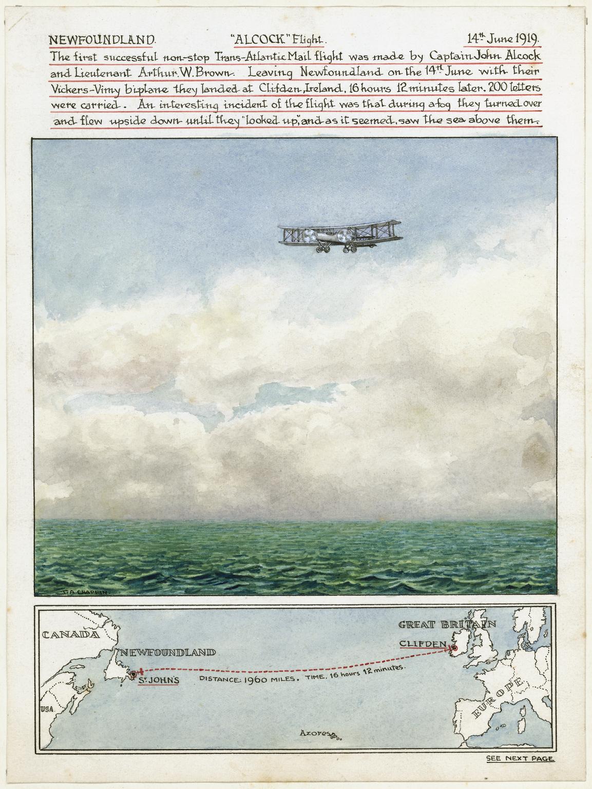 Drawing of Plane and Transatlantic Flight Path