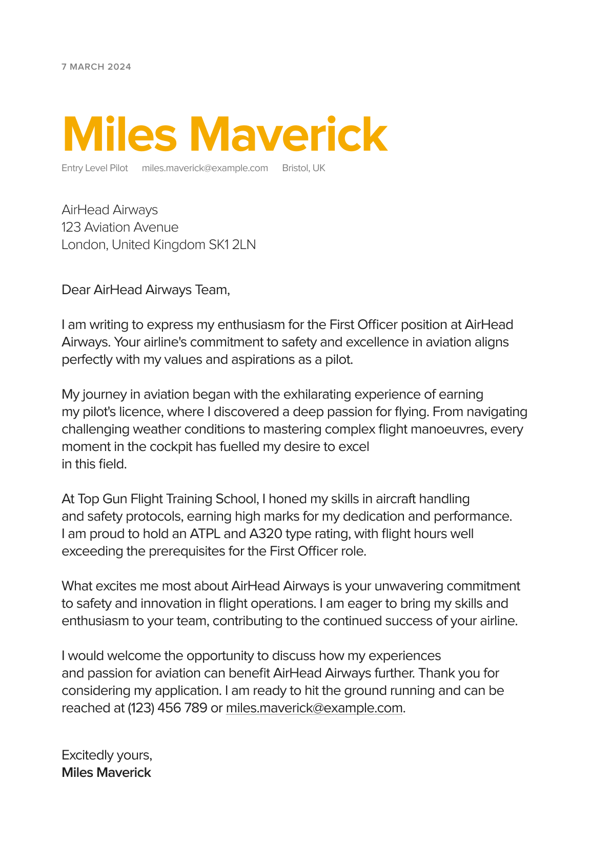 Pilot Covering Letter Sample from Airhead